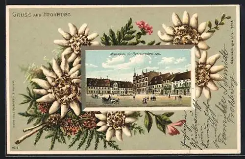 Passepartout-Lithographie Frohburg, Marktplatz mit Centaurenbrunnen, Edelweiss