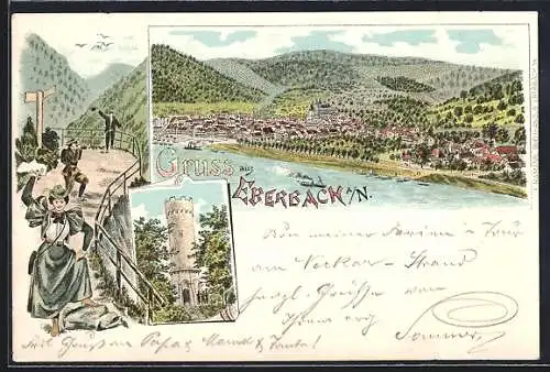 Lithographie Eberbach a. N., Teilansicht, Turm, Winkende Frau in den Bergen