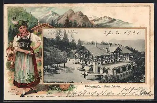 Passepartout-Lithographie Birkenstein, Hotel Schober, Frau in Tracht