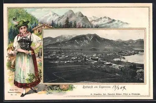 Passepartout-Lithographie Rottach am Tegernsee, Teilansicht mit Bergen, Frau in Tracht