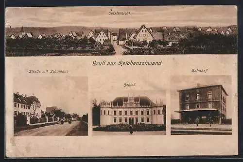 AK Reichenschwand, Totalansicht, Bahnhof, Strasse mit Schulhaus u. Schloss