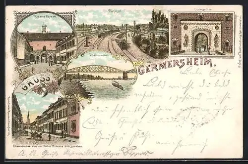 Lithographie Germersheim, Kaserne Seyssel, Bahnhof, Ludwigtor