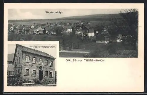 AK Tiefenbach / Hunsrück, Totalansicht und Gasthaus Peter Wolf