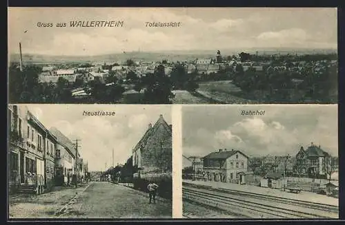 AK Wallertheim / Rheinhessen, Bahnhof von der Gleisseite, Blick in die Neustrasse