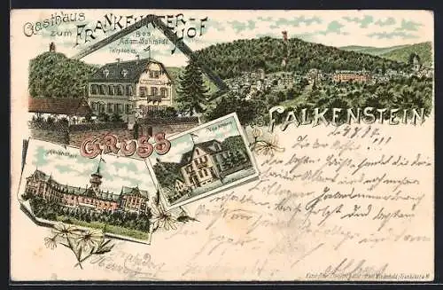 Lithographie Falkenstein / Taunus, Panorama & Gasthaus zum Frankfurter Hof, Heilanstalt & Villa Altötting