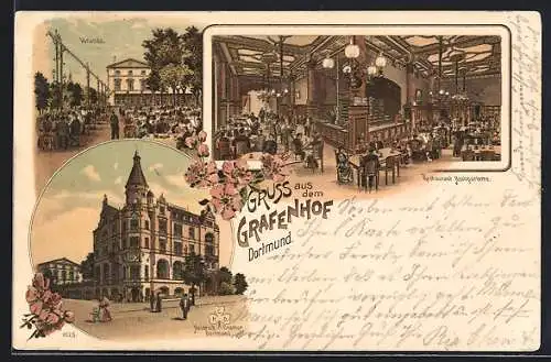 Lithographie Dortmund, Restaurant Grafenhof, Innenansicht Hochparterre, Veranda