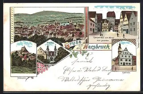 Lithographie Hersbruck, Schloss, Hohenstein, Rathaus, Thorpartie am Markt