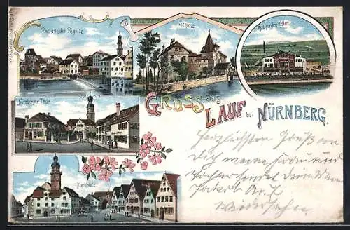 Lithographie Lauf / Nürnberg, Gasthof Kunigunden-Keller, Marktplatz, Schloss