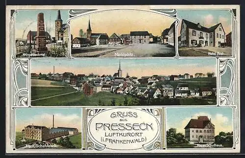 AK Presseck, Hotel Post, Mech. Schuhfabrik, Neues Schulhaus, Kriegerdenkmal, Marktplatz