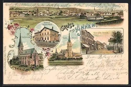 Lithographie Annen / Witten, Bahnhof Annen-Nord, Ev. Kirche, Kath. Kirche, Bismarck Strasse