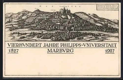 Künstler-AK Marburg, Ortsansicht, Vierhundert Jahre Philipps-Universität 1527-1927g.