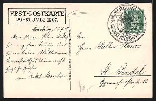 Künstler-AK Marburg, Ortsansicht, Vierhundert Jahre Philipps-Universität 1527-1927g.