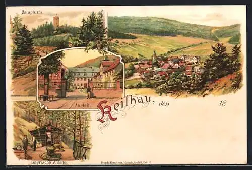 Lithographie Keilhau, Ortsansicht aus der Vogelschau, Blick auf Baropturm, Anstalt und Bayrische Anlage