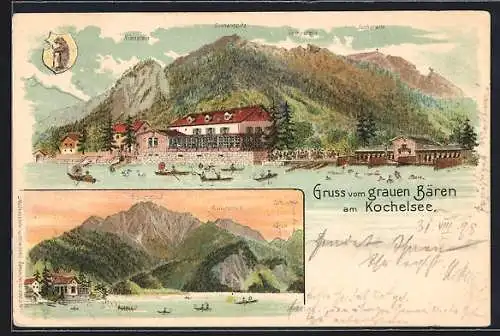 Lithographie Kochel am See, Hotel grauer Bär am Kochelsee, Gesamtansicht