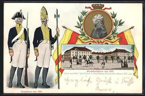 AK Karlsruhe, 100 jähriges Jubiläum d. Badischen Grenadier-Rgts. No. 199, Greandierkaserne v. 1803