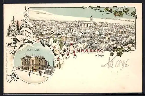 Winter-Lithographie Annaberg im Erzgeb., Stadttheater und Stadtpanorama