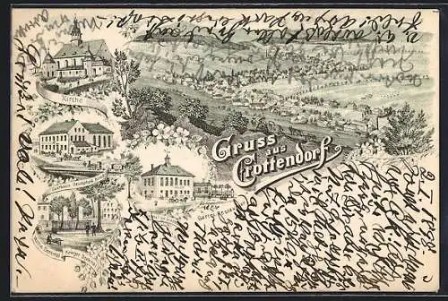 Lithographie Crottendorf, Garten-Restaurant von J. Wagner, Gasthaus Deutsches Haus, Wettin-Denkmal und Kirche