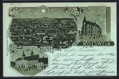 Mondschein-Lithographie Rosswein, Rathaus, Post und Totalansicht