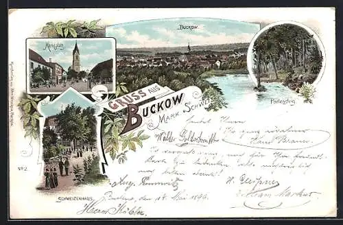 Lithographie Buckow / Märk. Schweiz, Gasthof Schweizerhaus, Marktplatz, Poetensteig