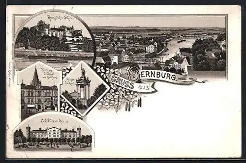 Lithographie Bernburg, Kriegerdenkmal, Carls-Platz u. Kaserne, Herz. Schloss