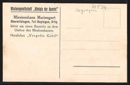 AK Oberwilzingen, Missionshaus Mariengart mit Baustein