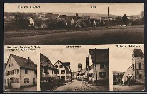 AK Hausen a. Zaber, Gasthaus zur Traube von C. Fischer, Strassenpartie, Kirche mit Schulhaus