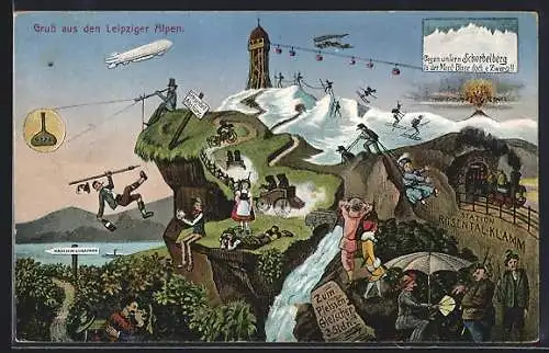 Künstler-AK Leipzig, Leipziger Alpen, Scherbelberg, Zeppelin, Station Rosentalklamm