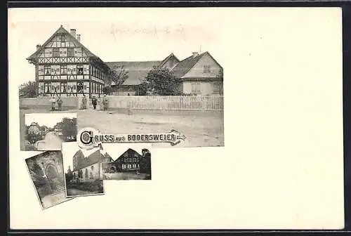 AK Bodersweier, Gasthaus mit Strassenpartie, Kirche und Kirchenportal