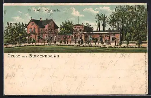 Lithographie Blumenthal / Hannover, Bahnhof und Wartehalle