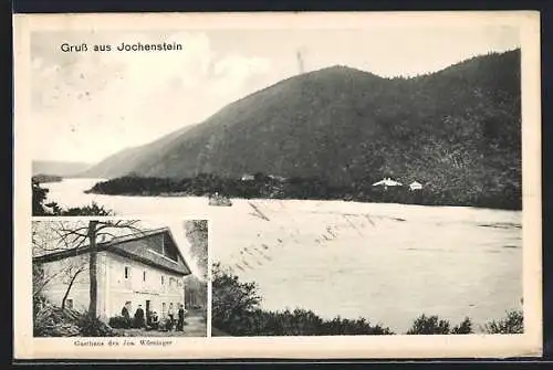 AK Jochenstein, Gasthaus des. Jos. Würzinger, Flusspartie mit Berglandschaft