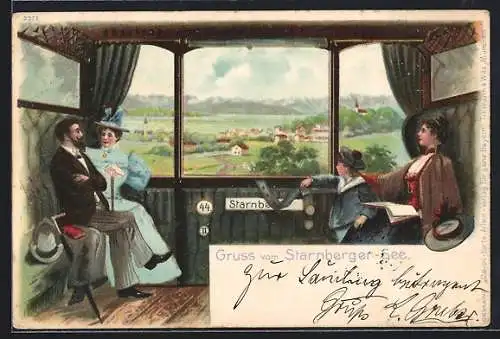 Passepartout-Lithographie Starnberg, Panorama im Zugabteil-Fenster