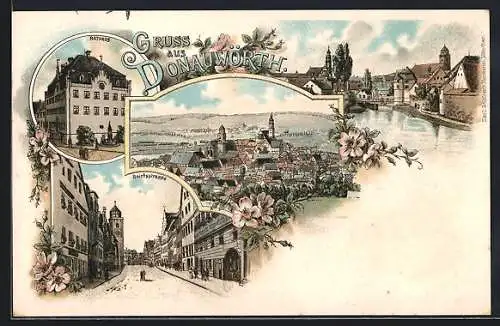 Lithographie Donauwörth, Rathaus, Reichsstrasse, Panorama