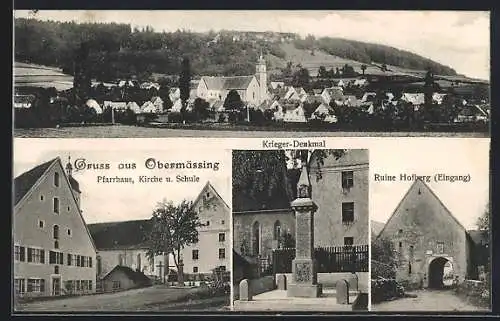 AK Obermässing, Ruine Hofberg, Krieger-Denkmal, Pfarrhaus mit Kirche und Schule