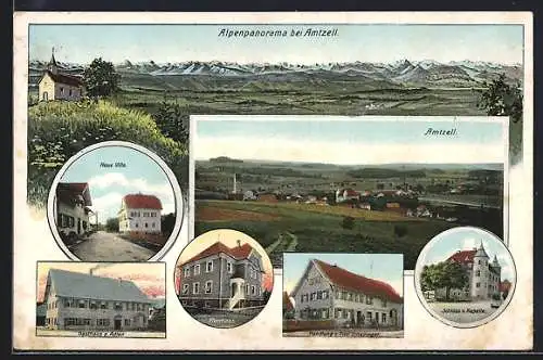 AK Amtzell, Ortsansicht, Gasthaus zum Adler, Handlung von Paul Schellinger, Neue Villa, Pfarrhaus und Schloss