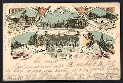 Winter-Lithographie Landau i. Pf., Westbahnstrasse, Luitpoldbrunnen, Marktstrasse, Ostpark