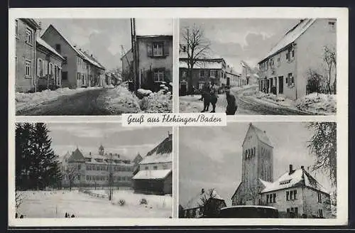 AK Flehingen /Baden, Strassenpartie am Kolonialwarengeschäft von Gustav Kraft, Kirche im Winter