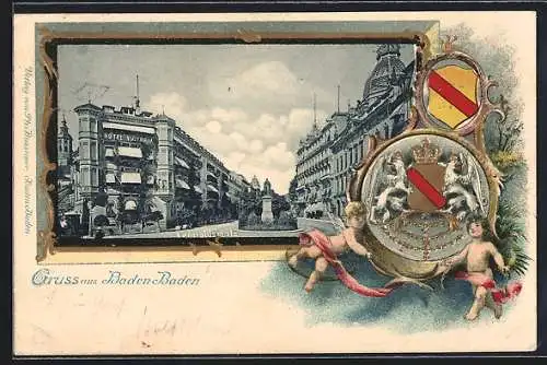 Passepartout-Lithographie Baden Baden, Leopoldsplatz mit Hotel Victoria, Wappen