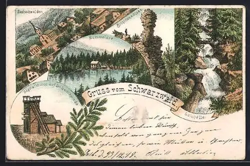 Lithographie Sasbachwalden /Schwarzwald, Ortsansicht, Brigittenschloss, Mummelsee, Gaishölle