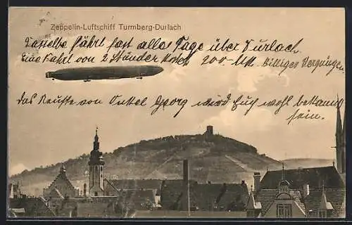 AK Durlach, Zeppelin-Luftschiff über Ort und Turmberg