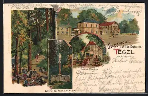 Lithographie Berlin-Tegel, Schloss-Restaurant von G. Triller, Denkmal der Familie Humbold