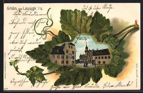 Passepartout-Lithographie Lausigk, Rathaus, Markt & Kirchplatz