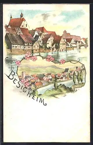 Lithographie Besigheim, Ortspartie am Fluss, Panorama