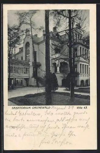 AK Berlin-Grunewald, Sanatorium Grunewald, Villa 43 mit Anlagen, Verbindungsgang