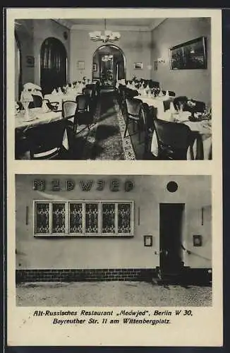 AK Berlin-Schöneberg, Alt-Russisches restaurant Medwjed, Bayreutherstr. 11, Aussen- und Innenansicht