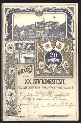 AK Bautzen, Stiftungsfest des Werkmeister-Bezirks-Vereins 1904, Logo u. Wappen, Fabrik, Ortsansicht, Stadtwappen, Blumen