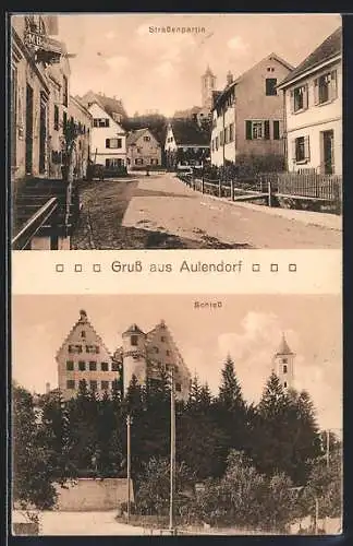 AK Aulendorf, Strassenpartie mit Haus M. Brielmaier und Turm, Schloss mit Umgebung