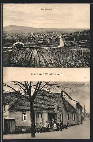 AK Vendersheim, Wohnhaus u. Ladengeschäft B. Simon mit Versammlung u. Strasse, Gesamtansicht m. Umgebung