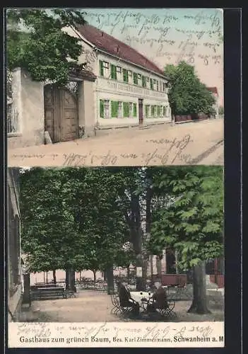 AK Schwanheim a. M., Gasthaus zum grünen Baum K. Zimmermann mit Strasse und Garten