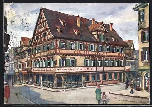 Künstler-AK Esslingen a. N., Gasthaus Weinwirtschaft z. Goldenen Ochsen F. Barth mit Strasse u. Abzweig