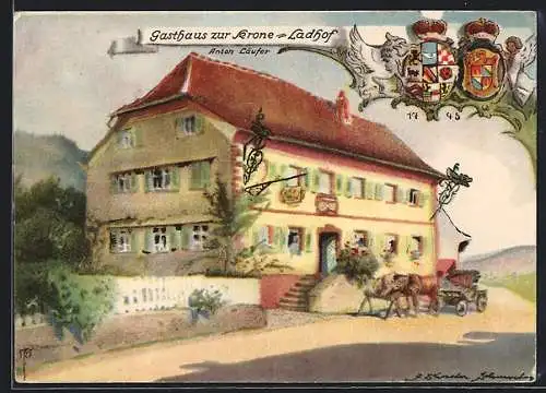 Künstler-AK Elzach, Gasthaus zur Krone-Ladhof, Stadtwappen